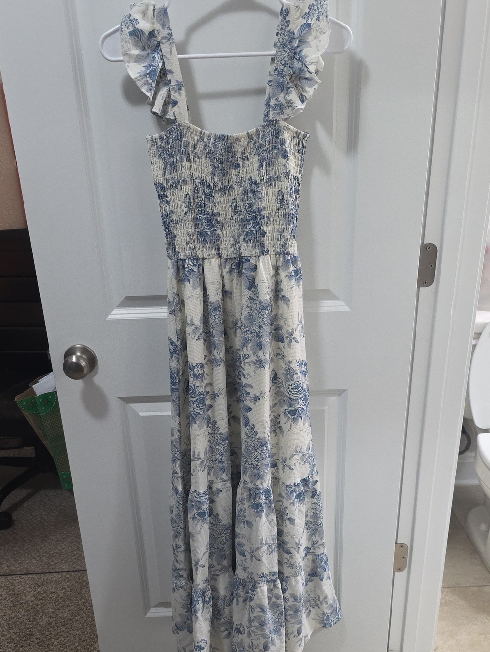 Girls White Maxi Dress with Blue Floral Print and Ruffled Straps